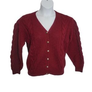 VINTAGE 70s cardigan‎ hand knit Scottish Shetland burgundy wool sweater M